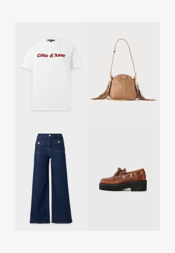 T-shirt blanc à manches courtes avec le texte « Côte d'Azur » en police grasse rouge et noire sur la poitrine, présenté sur un fond uni.; Jeans en denim bleu foncé à jambes larges, taille haute et deux poches avant à rabat avec boutons.; Chaussure en cuir brun avec un bout arrondi, des coutures décoratives, des éléments en métal et une semelle noire épaisse avec une texture anti-dérapante.; Petit sac à bandoulière en cuir fauve avec longue bandoulière, détail chaîne dorée et franges des deux côtés sur un fond neutre.