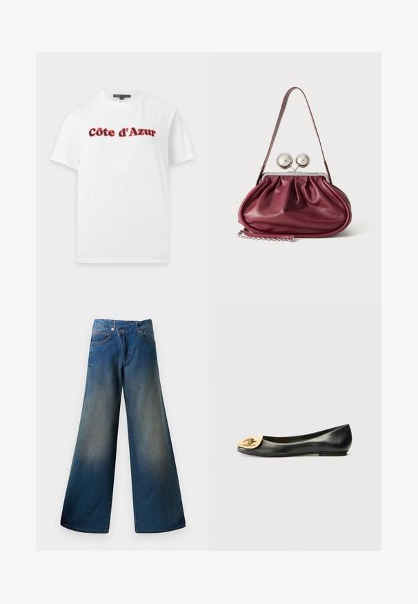 Hvid T-shirt med korte ærmer med teksten "Côte d'Azur" i rød og sort fed skrift tværs over brystet, vist på en ensfarvet baggrund.; Bredde ben blå jeans lavet af denim, med en let falmet finish, synlige sømme, to frontlommer og en knaplukning.; Sort læder balletlejlighed med en rund tå, der har en metallisk gylden muslingebladformet detalje foran. Glat tekstur, lav hæl.; Lille bordeaux læderhåndtaske med rynkede detaljer, en tynd rem og en sølvspænde med to store runde knopper.
