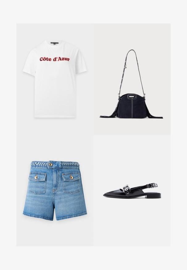 T-shirt blanc à manches courtes avec le texte « Côte d'Azur » en police grasse rouge et noire sur la poitrine, présenté sur un fond uni.; Shorts en denim bleu taille haute avec ceinture tressée et deux poches avant à rabat fermées par des boutons dorés sur fond uni.; Ballerine pointue en cuir verni noir avec double boucle argentée et talon slingback sur fond blanc.; Sac à main en daim bleu foncé avec des coutures blanches, une poignée découpée, une bandoulière à motif et de longues franges des deux côtés.