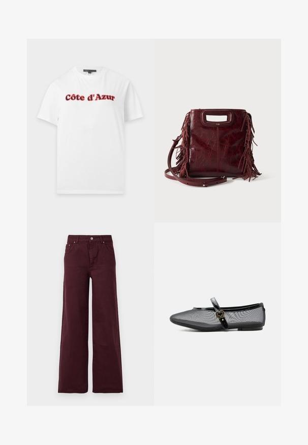 Hvid T-shirt med korte ærmer med teksten "Côte d'Azur" i rød og sort fed skrift tværs over brystet, vist på en ensfarvet baggrund.; Bordeaux vide bukser med høj talje, metal knaplukning, forlommer og et glat, let tekstureret stof.; Sort net Mary Jane flad sko med blank rem og hjerteformet guldlås, lav hæl og rundet tå på en ensfarvet baggrund.; Firkantet burgunderfarvet læderhåndtaske med udskåret håndtag, sideskvaster og justerbar skulderrem på ensfarvet baggrund.