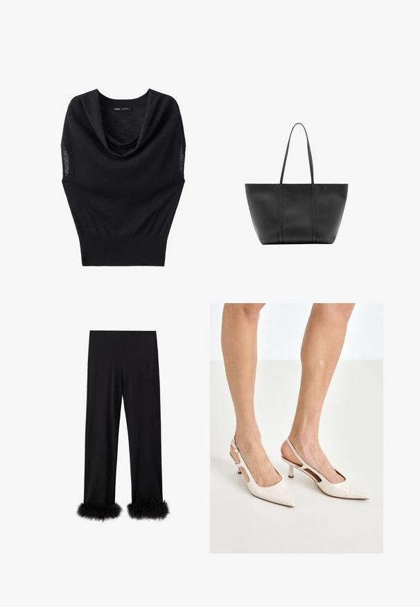Top noir sans manches en maille avec un large col bénitier et une ceinture côtelée ajustée, étiquette de la marque visible à l'intérieur de l'encolure.; Pantalons noirs en tissu lisse, avec des jambes larges et un bord en fausse fourrure. Le design offre une coupe décontractée adaptée à diverses occasions.; Escarpins à talon slingback en cuir verni beige avec un bout pointu et un talon de 5 cm, présentant des côtés découpés et une fine bride à la cheville.; Sac cabas en cuir noir avec de longues anses fines, une surface texturée et une ouverture large en haut.