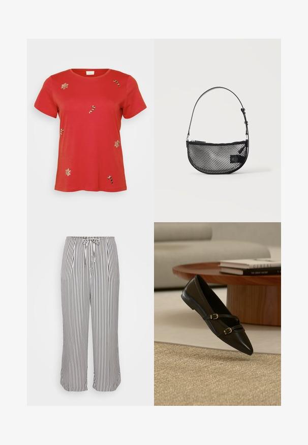 Camiseta de algodón roja con escote redondo. Presenta bordados de copos de nieve y bastones de caramelo en varios tamaños. Mangas cortas y corte holgado.; Pantalones cortos con cintura elástica, con rayas verticales en navy y blanco, presentados sobre un fondo blanco liso.; Zapato plano negro con puntera puntiaguda y dos delgadas correas con hebillas flotando sobre una alfombra beige, con una mesa de café de madera y libros al fondo.; Bolso de malla negra en forma de media luna con una correa corta ajustable de cuero y cierre de cremallera sobre un fondo claro y liso.
