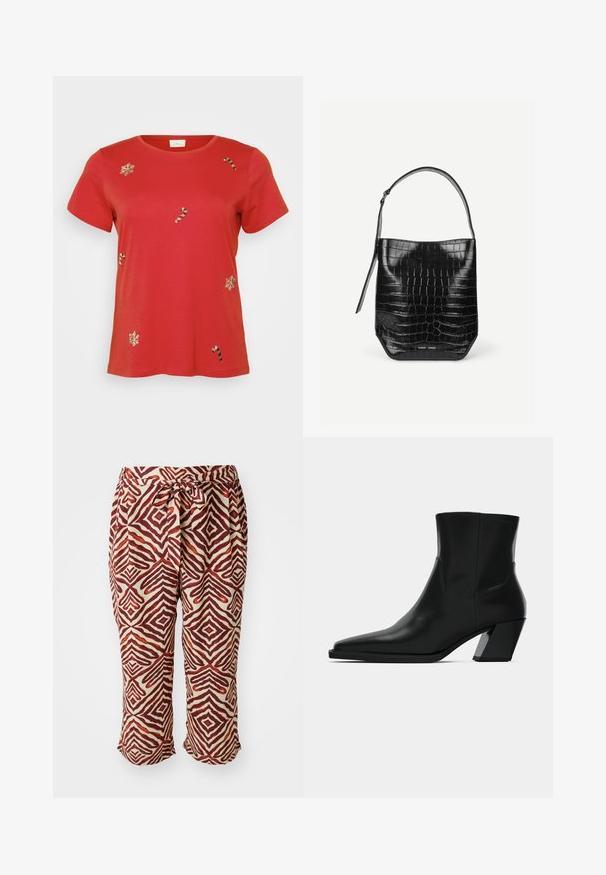 Rotes Baumwoll-T-Shirt mit Rundhalsausschnitt. Mit weißer Bestickung von Schneeflocken und Zuckerstangen in verschiedenen Größen. Kurze Ärmel, lockere Passform.; Rote und braune gemusterte Hosen mit einem elastischen Bund. Sie haben ein geometrisches Motiv auf einem hellen Hintergrund. Knöchellang und aus leichtem Stoff.; Schwarze Leder-Stiefelette mit spitzem Zeh, schlanker Silhouette und klobigem quadratischem Absatz. Glatte Textur mit minimalen Nähdetails.; Schwarze Beuteltasche aus krokodilhautgeprägtem Leder mit einem einzelnen Schulterriemen und kleinem silbernen Markenlogo vorne unten in der Mitte.
