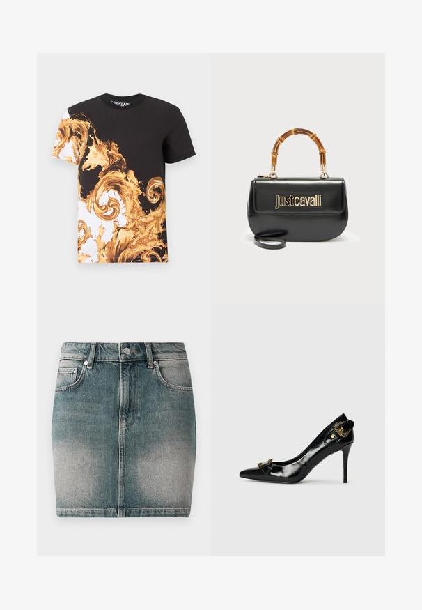 Camiseta de manga corta en blanco y negro con patrones dorados barrocos y salpicaduras que cubren el frente y la manga izquierda.; Falda mini de mezclilla azul con botón y cremallera en el frente, dos bolsillos frontales y detalles desgastados en los muslos.; Zapato de tacón alto de charol negro con punta afilada, detalle de lazo en la parte frontal y un acento decorativo de hardware en tono dorado en la parte trasera.; Bolso de cuero negro con el logo dorado "Just Cavalli" en el frente y asa curvada de bambú, con una correa larga desmontable.