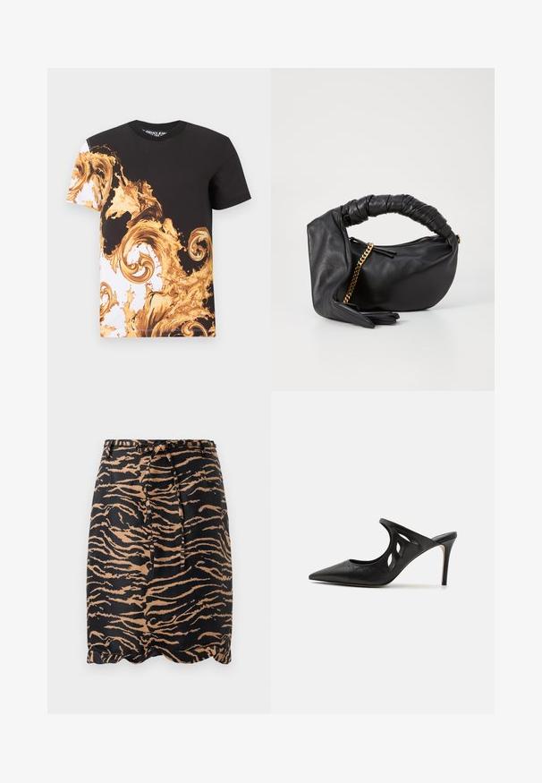 Sort-hvid T-shirt med korte ærmer med snurrende gyldne barok- og prikkemønstre, der dækker fronten og venstre ærme.; Sorte og tan tigerstribet nederdel lavet af glat stof, med en knytbar talje og et scallop-design i kanten.; Sorte læder højhælede mules med spids tå, udskåret sideskærm og glat tekstur. Stiletthæl og subtil syning.; Sort læderhåndtaske med et snoet håndtag, guld kædeaccent og en rund form. Har en glat overflade og lynlås lukning.