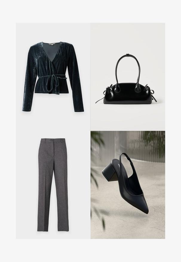 Velvet indpakningstop i mørkegrøn, med dyb V-hals, lange ærmer og bælte i taljen. Glat tekstur med let glans.; JDY Wide-leg JDYBLOOM Tapered Fit - Bukser - black/white salt and pepper; Sort læder slingback hæl med spids tå og blokhæl. Glat tekstur, minimalistisk design og justerbar ankelrem.; Lille sort blank håndtaske med to lange håndtag og snøre-detaljer i siden på en ensfarvet lys baggrund.