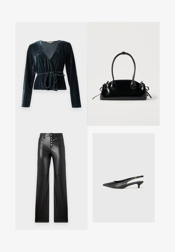 Haut en velours de couleur vert foncé, avec un décolleté en V profond, des manches longues et une ceinture à nouer à la taille. Texture lisse avec un léger reflet.; ONLY ONLSMOOTH - Pantalon classique - black; Chaussure slingback noire à bout pointu en cuir lisse. Présente un talon fin et un détail de boucle sur la sangle réglable.; Petit sac à main noir brillant avec deux longues anses et des détails à cordon sur les côtés sur un fond clair uni.