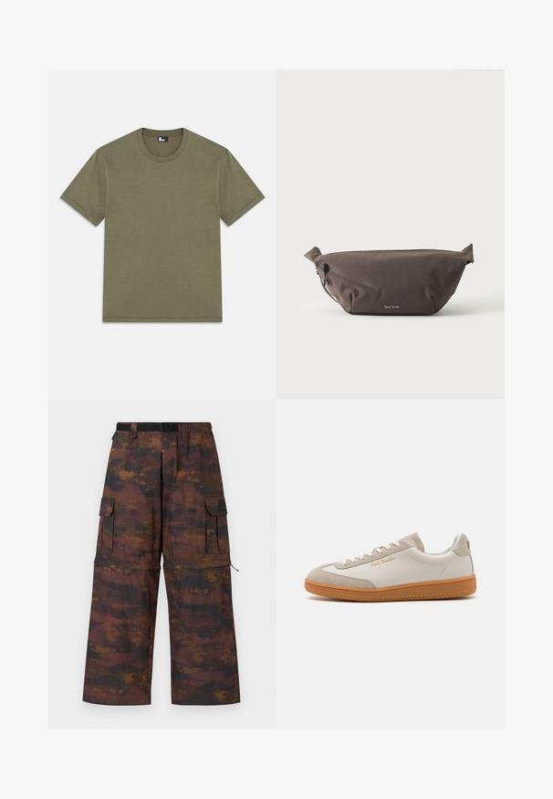 Camiseta de algodón verde oliva, de manga corta, con cuello redondo, corte recto, textura suave, sin patrones, diseño minimalista, etiqueta en el interior del cuello.; Pantalones cargo en un tejido marrón texturizado con un patrón abstracto desgastado. Presentan piernas anchas, cinturilla elástica y múltiples bolsillos.; Zapatilla baja en blanco y beige con suela de goma, cordones blancos, detalles de ante y el logo dorado "Paul Smith" en el lateral.; Riñonera de tela marrón oscuro con bolsillo diagonal con cremallera y pequeño logo blanco en el frontal, sobre un fondo liso y claro.