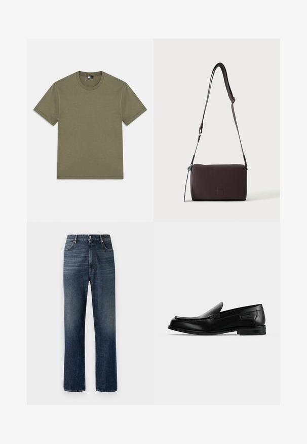 Olivengrünes Baumwoll-T-Shirt, kurze Ärmel, runder Halsausschnitt, gerade geschnitten, weiche Textur, keine Muster, minimalistisches Design, Etikett am inneren Halsausschnitt.; Dunkelblaue Denim-Jeans mit geradem Bein, sichtbaren Nähten, Five-Pocket-Design und silberner Knopfverschluss an der Taille.; Schwarzer Leder-Slipper mit niedrigem Absatz, abgerundeter Spitze und dekorativer Naht entlang der oberen Kante.; Dunkelbraune, strukturierte Leder-Crossbody-Tasche mit verstellbarem Riemen und kleinem dekorativen blauen Akzent an der Seite.