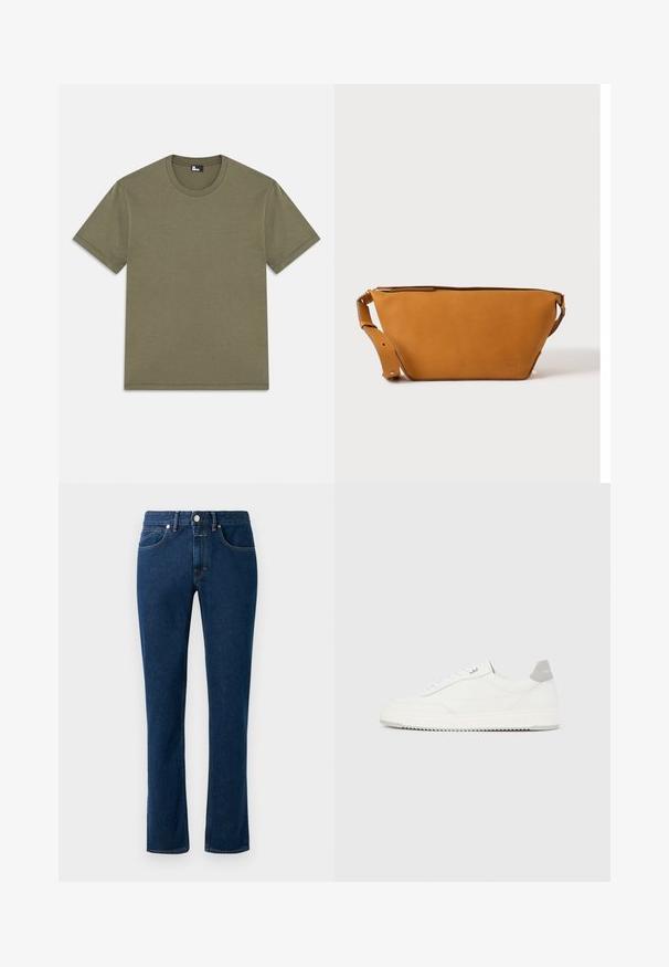 Olijfgroene katoenen T-shirt, korte mouwen, ronde halslijn, rechte snit, zachte textuur, geen patronen, minimalistisch ontwerp, label aan de binnenkant van de halslijn.; Donkerblauwe denim jeans met een slim recht model, klassieke vijf-pocket stijl en een knoopsluiting bij de taille.; Witte lage sneaker met grijze hielpatch, witte veters en een gestructureerde zool, gepresenteerd op een effen lichte achtergrond.; Lichtbruine leren crossbodytas met verstelbare band en ritssluiting, getoond tegen een effen lichte achtergrond.