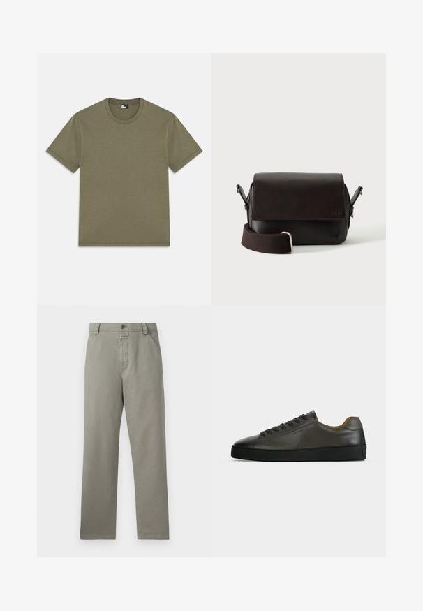 Olivengrünes Baumwoll-T-Shirt, kurze Ärmel, runder Halsausschnitt, gerade geschnitten, weiche Textur, keine Muster, minimalistisches Design, Etikett am inneren Halsausschnitt.; Hellegraue Baumwollhose mit geradem Bein, Gürtelschlaufen und einer einzelnen Knopfverschluss am Bund.; Niedriger dunkelgrauer Ledersneaker mit schwarzen Schnürsenkeln und Sohle, minimalistisches Design, Seitenprofil vor einem schlichten hellen Hintergrund.; Dunkelbraune Leder-Umhängetasche mit Klappenverschluss und verstellbarem Stoffriemen auf weißem Hintergrund.