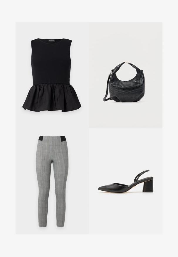 Top negro sin mangas con sección superior acanalada y un fondo de peplum acampanado y recogido. Textura suave con un color sólido en toda su extensión.; Leggings de cuadros grises con un diseño ajustado, que presentan una cinturilla elástica negra y bolsillos laterales. Tela texturizada con un patrón de cuadros.; Zapato slingback de cuero negro con punta puntiaguda, tacón bajo de bloque y diseño minimalista con finas tiras y textura suave.; Bolso de mano de cuero negro trenzado con asa corta y correa de hombro desmontable, exhibido sobre un fondo claro y liso.