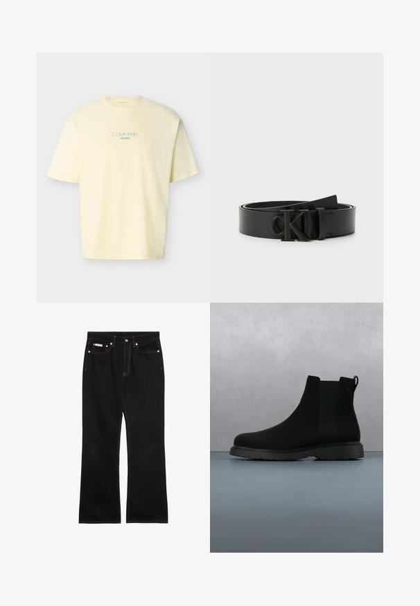 Lichtgeel T-shirt met korte mouwen en blauwe "Calvin Klein JEANS" tekst in het midden van de borst, effen achtergrond.; Zwarte jeans met rechte pijpen, oranje stiksels, vijf zakken, knoopsluiting en een klein Calvin Klein-label op de voorste rechterzak.; Zwarte enkelboot van soepel materiaal met subtiele stiksels, een rubberen zool en een slank ontwerp, gepositioneerd boven een houten textuur.; Zwarte leren riem met een gladde afwerking, ronde gesp met het reliëf 'CK' logo en verstelbare lengte. Eenvoudig en klassiek ontwerp.
