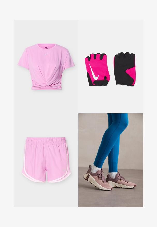Lyserød Nike crop top med korte ærmer, frontvridningsdetalje og hvid Nike swoosh-logo placeret centralt under halsudskæringen.; Lyserøde atletikshorts med elastisk talje og hvide kanter, med lette netpaneler i siderne og et lille reflekslogo foran.; Diverse sko i lyserød og beige med teksturerede sidelapper, brune detaljer og fleksible såler. Bæres sammen med blå leggings og hvide sokker.; Korte lyserøde handsker med sorte accenter, der har et hvidt Nike-logo, polstrede håndflader og fingerløst design for bedre greb og fleksibilitet.