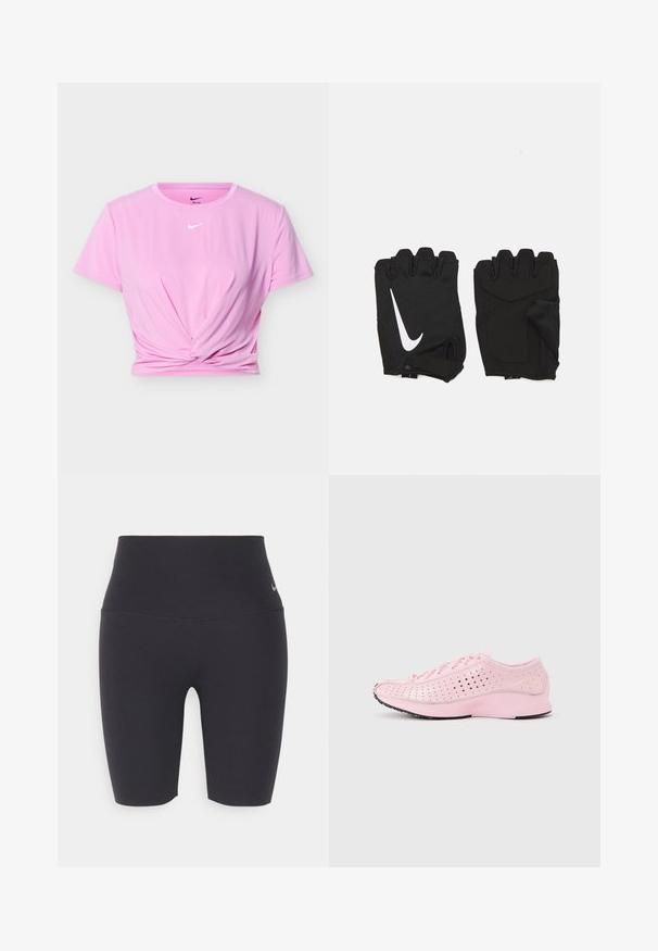 Roze Nike crop top met korte mouwen, een detail met een knoop aan de voorkant en het witte Nike swoosh-logo in het midden onder de halslijn.; Zwarte sportieve fietsbroek van rekbaar materiaal, met een hoge tailleband, een gladde textuur en een klein logo op de linkse heup.; Lichtroze sportschoen met perforaties, vetersluiting, verhoogde zool en subtiele Nike-swoosh aan de zijkant, zijaanzicht op witte achtergrond.; Zwarte vingerloze fitnesshandschoenen van ademend materiaal, met een wit Nike-logo, gevoerde handpalmen en een open polsontwerp voor flexibiliteit.