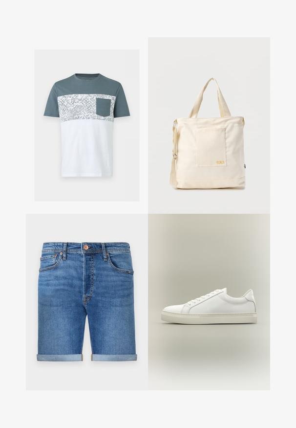 Herre t-shirt med korte ærmer med turkis øverste sektion, hvid nederste sektion, mønstret blomsterstribe i midten og turkis brystlomme.; Denim shorts i en mellemmel tone med opkrøllede manchetter, fem-lomme design, messingknaplukning og kontraststing.; Hvid lavtop sneaker med snørebånd foran og tyk sål, vist fra siden mod en neutral baggrund.; Kremfarvet lærredstote-taske med frontlomme, to håndtag, justerbar skulderrem og lille gul "O.N.S" tekst i nederste højre hjørne af lommen.