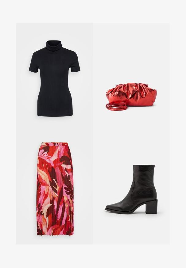 Sorte ribbede turtleneck top, korte ærmer, tætsiddende design, blød tekstur, minimale sømme og en høj krave.; Plisseret maxinederdragt med et livligt blomstermotiv i nuancer af rød, pink og creme; lavet af letvægtsstof med elastisk talje.; Sort læder ankelstøvle med firkantet tå og blokhæl. Designet har en glat overflade og minimale syninger.; Rød metallisk håndtaske med en samlet, puffy design. Har en lang, tynd skulderrem og en glat, blank tekstur.