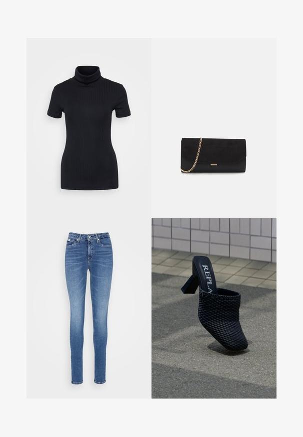 Zwart geribbelde coltrui, korte mouwen, slank ontwerp, zachte textuur, minimale naden en een hoge kraag.; Skinny jeans in mediumblauwe denim, met een hoge taille, zachte textuur, twee voorzakken en één achterzak.; Zwarte geweven hoge mule met vierkante neus en blokhak, met "REPLA" bedrukt aan de binnenkant, geplaatst op een buitenoppervlak van tegels en asfalt.; Zwarte clutch tas gemaakt van suede met een textuurafwerking, voorzien van een gouden schouderband en een strakke, hoekige vorm.