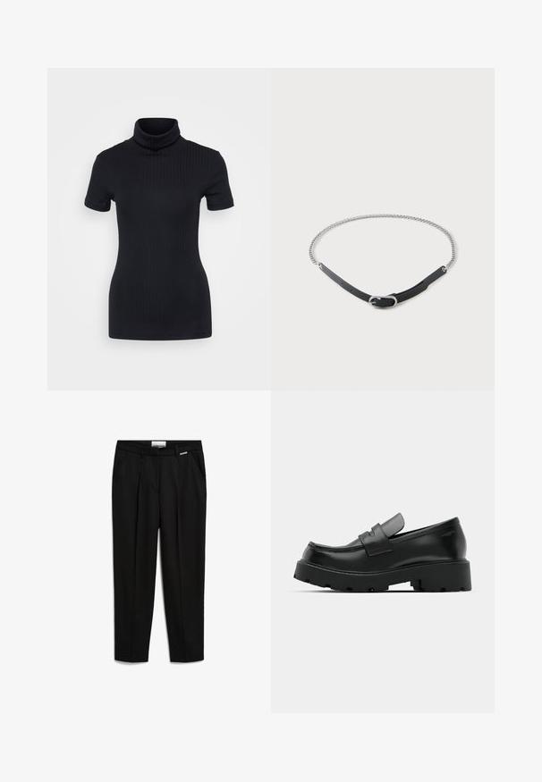 Schwarzes geripptes Rollkragenoberteil, kurze Ärmel, figurbetontes Design, weiche Textur, minimale Nähte und ein hoher Kragen.; Schwarze Hose aus glattem Stoff, mit geradem Beinanschnitt, seitlichen Taschen und einem dezente Markenakzent am Bund.; Schwarze Leder-Loafers mit einer chunky strukturierten Sohle, ausgestattet mit einem Riemen über dem Spann und einer glatten, polierten Oberfläche.; Schwarzer Leder- und silberner Kettengürtel mit Schnalle, zu einem Kreis auf weißem Hintergrund angeordnet.