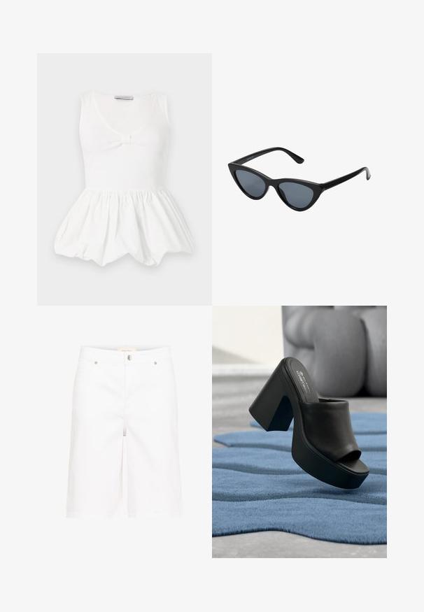 Valge varrukateta peplum-top koos ümara kaelusega ja väikese vibu detailiga esiküljel keskel.; Valged denim Bermuda lühikesed püksid sirge lõikega, millel on eesnuppude sulgur, vöökoharihmad ja kaks eesmist taskut. Sile tekstuur.; Must platvormiga kõrge kontsaga avatud varbaga mule-kinga lebab sinisel tekstureeritud vaibal, taustal ähmased hallid mööbliesemed.; Mustad musta kassi silmadega päikeseprillid tumedate hallide läätsedega, stiilne plastraam, teravad nurgad ja sirged kaared. Nähtavad metallist osad või aksessuaarid puuduvad.