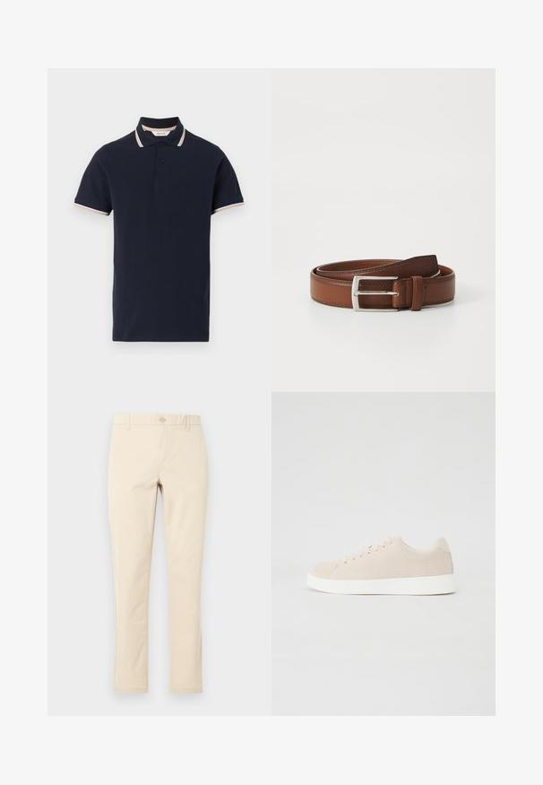 Polo bleu marine à manches courtes avec deux boutons noirs et des rayures beige et blanches sur le col et les bords des manches.; Pantalon beige droit avec fermeture par boutons, passants pour ceinture et poches latérales, présenté sur un fond clair uni.; Baskets en daim beige avec semelles en caoutchouc blanc, bout rond et six œillets pour les lacets. Texture lisse avec un design minimaliste.; Ceinture en cuir brun au fini lisse, avec une boucle en métal argenté et une couture subtile le long des bords. Design classique et durable.