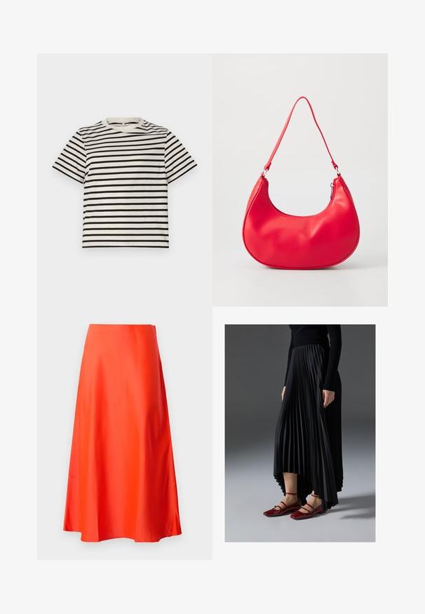 Stripet T-shirt med rund hals, lavet af letvægts bomuld, med jævnt fordelte sorte og cremefarvede striber, korte ærmer og en afslappet pasform.; Rød satin midi-nederdel med en glat tekstur, A-line silhuet og en subtil flare ved kanten. Ingen synlige mønstre eller pynt.; Sort plisseret nederdel med en høj-lav kant, parret med glansfulde røde flade sko med en remdesign. Stoffet har en glat overflade.; Rød syntetisk læder skuldertaske med en buet form, slank rem og lynlås lukning. Glat tekstur med synlige syninger.