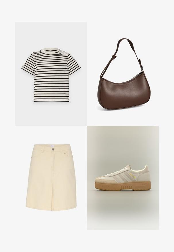 Stripet T-shirt med rund hals, lavet af letvægts bomuld, med jævnt fordelte sorte og cremefarvede striber, korte ærmer og en afslappet pasform.; Lys beige denimnederdel med slids foran, standard talje og klassisk fem-lommer design. Glat tekstur og minimalistisk stil.; Krem- og beige Adidas-sneaker med gummisål, tre striber på siden og "SPECIAL" skrevet i guld nær snørebåndene.; Lille brun skuldertaske i læder med justerbar rem og lynlåslukning, vist mod hvid baggrund. Ingen synligt branding eller dekorationer.