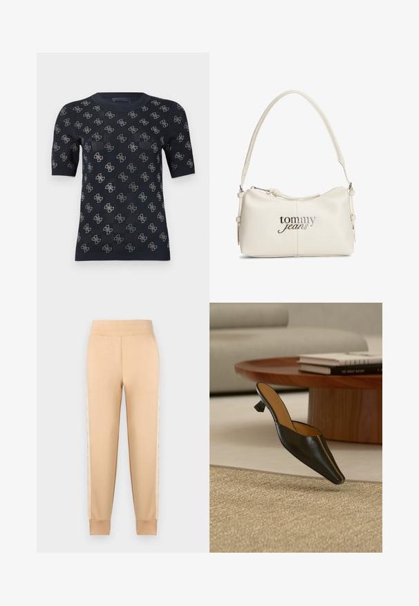 Sort kortærmet sweater med en struktureret strikdesign og gentagne sølvlogo mønstre. Rund hals og tætsiddende silhuet.; Beige sweatpants med en glat tekstur, der har et tapered design, elastisk talje og mønstrede sidelommer.; Sort lædermule med lav geometrisk hæl på et beige tæppe, nær et rundt træ-sofabord med stabler af bøger.; Kremfarvet skuldertaske med kort håndtag, sølv lynlås og "tommy jeans" logo foran.