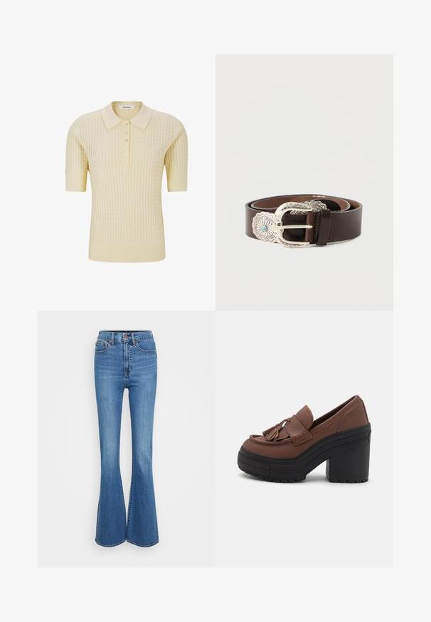 Hellgelbes, kurzärmliges Poloshirt aus Strick mit strukturiertem Muster, fünf Knöpfen sowie einem gerippten Kragen und Saum. Weiche Stoffstruktur.; Ausgestellte blaue Jeans aus Denim mit hoher Taille, mit gesteppten Taschen, Metallknopf und glatter Textur. Klassisches Fünf-Taschen-Design.; Braune Plattformslipper mit runder Zehenpartie, Quastenakzenten, genähten Details und dickem, schwarzem Gummiabsatz mit strukturiertem Profil.; Brauner Ledergürtel mit einer breiten silbernen Zielfelschnalle, die einen türkisfarbenen Akzent und filigrane Details entlang des Schnallenrands aufweist.