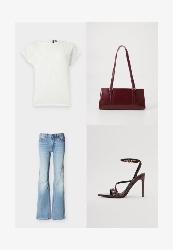 Blouse blanche à manches courtes avec détails en dentelle ajourée sur le haut de la poitrine et les manches, encolure ronde, vue à plat sur fond clair.; Jean denim bleu clair taille haute avec jambes évasées, poches avant et fermeture à bouton et fermeture éclair, présenté sur un fond blanc.; Sandale à talons hauts en cuir verni bourgogne avec une bride de cheville, bout pointu et trois bandes horizontales sur le pied. Détail de boucle dorée.; Sac à main bordeaux en matériau brillant, de forme rectangulaire, avec deux anses et des accents légèrement courbés à l'avant.