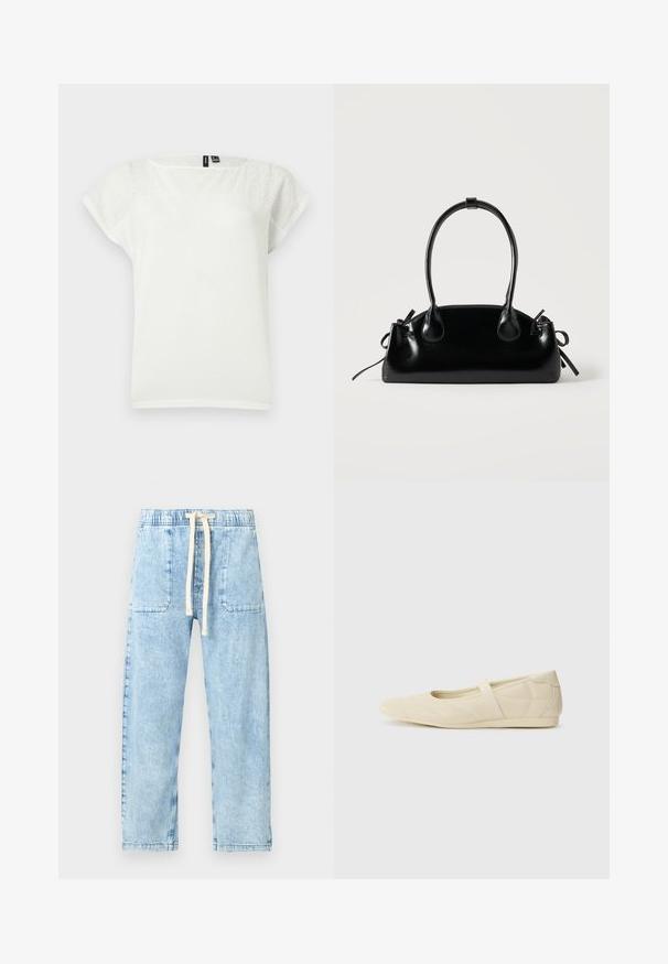 Blouse blanche à manches courtes avec détails en dentelle ajourée sur le haut de la poitrine et les manches, encolure ronde, vue à plat sur fond clair.; GAP Petite EASY VAN NESS - Jean baggy - light indigo; Ballerines beiges avec une exterior en cuir lisse, un bout en forme d'amande et une sangle élastique sur le coup de pied, avec des détails de couture subtils.; Petit sac à main noir brillant avec deux longues anses et des détails à cordon sur les côtés sur un fond clair uni.