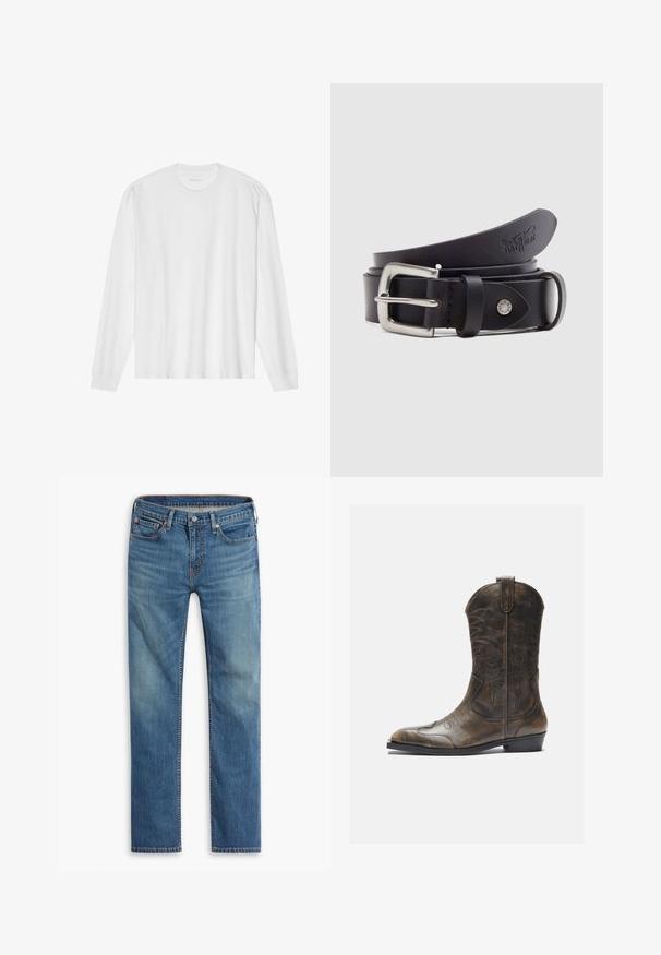 Weißes langärmeliges Baumwoll-T-Shirt mit Rundhalsausschnitt, mit gerippten Bündchen und geradem Saum, glatter Textur und minimalistischem Design.; Blaue gerade geschnittene Jeans mit Knopf- und Reißverschluss vorne, Fünf-Taschen-Design und dezenten Ausbleichungen an Oberschenkeln und Knien.; Braune Leder-Cowboystiefel mit hohem Schaft, spitzem Zehenbereich, aufwendigen Stickmustern und kleinem Absatz. Strukturierte Oberflächenbeschaffenheit.; Schwarzer Ledergürtel mit silberner Metallschnalle, einem Druckknopf zur Verstellung und geprägtem Muster auf dem Leder. Gleichmäßige, glatte Textur.
