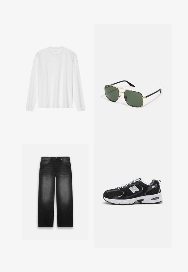 Hvid, langærmet t-shirt i bomuld med rund hals, med ribbede ærmeafslutninger og en lige kant, glat tekstur og minimalistisk design.; Sorte denim jeans med bred bendesign. Har fem lommer, let falmning og solid syning. Knaphul- og lynlås-lukning.; Sorte og grå sportssko med mesh og ruskind på overdelen, der har en hvid mellemsål, snørebånd og et iøjnefaldende "N" logo på siden.; Guldmetal solbriller med grønne linser, rektangulær form, sorte plastiske tempel og et tofarvet design. Har næsepuder for komfort.