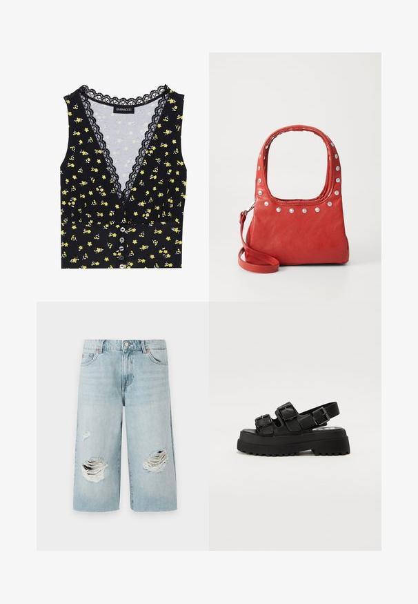 Sort top med gul blomstermønster, blondekant ved halsudskæringen, knaplukning foran og en tætsiddende pasform. Blødt stof med let stræk.; Lyseblå denimshorts med løs pasform, der har to store slidte huller foran. Fem lommer og en synlig metalknaplukning.; Sorte platform sandaler med tre justerbare spænder, en tekstureret sål og en glat overdel. Designet med en solid, chunky silhuet.; Rød lædertaske med sølvnitter rundt om den øverste kant og håndtagene, der har en aftagelig skulderrem på en ensfarvet baggrund.