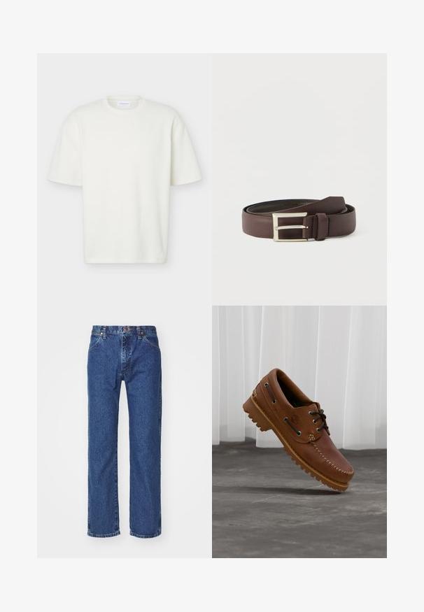 Witte textuur korte mouw T-shirt met ronde hals, reguliere pasvorm en een klein merklabel aan de binnenkant van de kraag.; Rechtermode blauwe denim jeans met een voorste knoop, ritssluiting, riemlussen en vijf-vakken ontwerp op een effen witte achtergrond.; Bruine leren bootschoen met zwarte veters, beige stiksel en een robuuste zool, zwevend boven een grijze betonnen vloer.; Bruine lederen riem met een metalen zilverkleurige gesp, gladde textuur en een eenvoudig ontwerp zonder zichtbare patronen of versieringen.