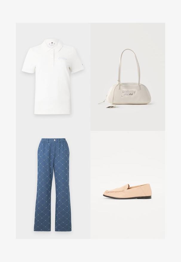 Weißes kurzärmliges Poloshirt aus Baumwolle. Verfügt über einen klassischen Kragen, eine Knopfleiste und ein gesticktes Logo in hellem Lila auf der Brust.; Blaue gemusterte Hose mit einem rautenförmigen Steppdesign und kleinen dekorativen Perlen, einem elastischen Bund und einem Knopfverschluss.; Beige Lederloafers mit gestickten Details, einer flachen schwarzen Sohle und einer abgerundeten Zehe. Minimalistisches Design ohne auffällige Hardware oder Akzente.; Rechteckige Schultertasche in Cremefarbe mit langen Trägern, silbernem "tommy jeans"-Logo auf der Vorderseite und einem anhängenden Etikett am Reißverschluss.