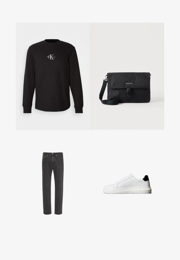 Zwarte longsleeve sweatshirt van textuurstof, met een ronde halslijn en een witte "CalvinK Jeans" logo op de borst.; Zwarte rechte denim jeans met knoop- en ritssluiting aan de voorkant, voor- en achterzakken, weergegeven op een witte achtergrond.; Witte leren sneakers met een zwarte hielaccent, voorzien van platte veters, een afgeronde neus en een geribbelde rubberen zool voor grip.; Zwarte Calvin Klein messenger bag met verstelbare schouderriem en klep aan de voorkant die met een gesp is vastgemaakt, afgebeeld tegen een effen achtergrond.