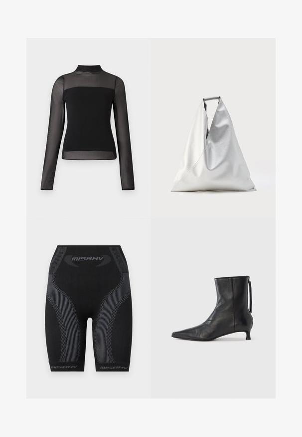 Top negro de manga larga con cuello alto, cuerpo sólido y mangas transparentes, diseño ajustado. Textura suave, estilo minimalista.; Bermudas deportivas negras con un diseño ajustado, tejido texturizado, rayas verticales en gris y logo "MISBHV" en el dobladillo.; Botín de cuero negro con punta afilada, forma estructurada y tacón bajo. Cuenta con cremallera lateral y diseño minimalista.; Bolso tote grande plateado con forma triangular y textura de cuero suave, de pie con el asa superior visible sobre un fondo liso.
