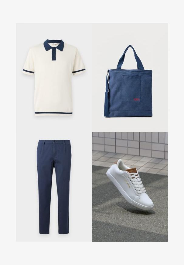 Poloshirt met korte mouwen in gebroken wit met een marineblauwe kraag en mouwstrepen. Heeft twee knopen bij de hals en een zachte, gladde textuur.; Marineblauwe broek van lichtgewicht stof, met een frontale knoopsluiting, twee zijzakken en een recht gesneden ontwerp.; Witte leren sneakers met een gladde textuur, tan accent op de hiel, gouden logo aan de zijkant en een rubberen zool met een gestructureerde grip.; Blauwe canvas tas met voorvak en rode "O.N.S" borduring, voorzien van dubbele handvatten en een verstelbare schouderriem.