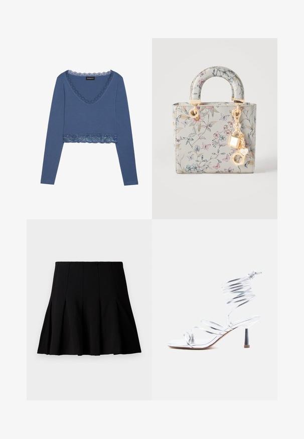Langærmet top med dyb V-udskæring i mørkeblå bomuld, har blonde detalje ved halsudskæringen og kanten, cropped design, blødt materiale.; Sort kort plisseret nederdel lavet af et glat stof. Har en elastisk talje og en flagrende silhuet, der når til midten af låret.; Sølvfarvet høje hæle sandal med tynde stropper, der krydser tæerne, og en spiralformet ankelomvikling på en hvid baggrund.; Lille hvid håndtaske med pastel blomster- og sommerfugleprint, strukturerede top-hanke og guldfarvede vedhæng hængende fra den ene hank.