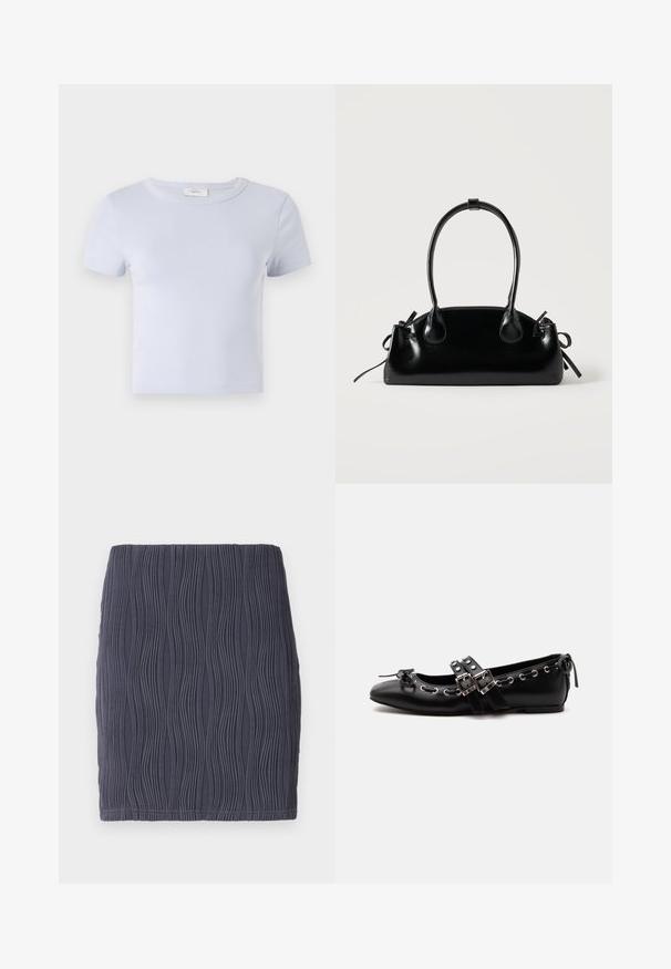 T-shirt bleu clair à manches courtes avec un col rond, fabriqué en tissu doux ; présente une coupe ajustée et de subtils détails de couture.; Mini jupe moulante gris foncé avec un motif texturé en vagues et une finition lisse. Conçue avec un ourlet simple et droit.; Chaussure de ballet plate noire avec doubles brides à boucle, œillets argentés et petit nœud près de l’orteil arrondi sur fond blanc.; Petit sac à main noir brillant avec deux longues anses et des détails à cordon sur les côtés sur un fond clair uni.