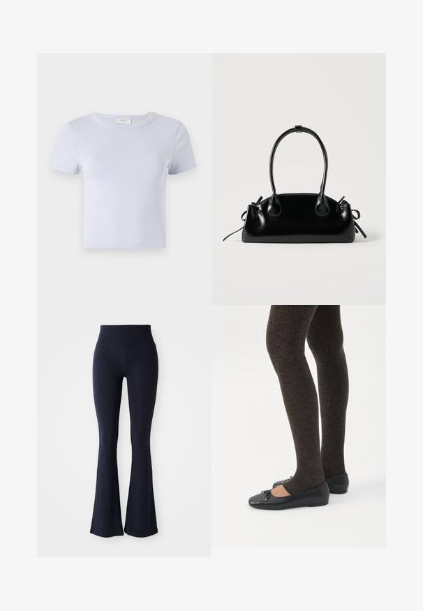 Lyseblå kortærmet t-shirt med rund hals, lavet af blødt stof; har en tætsiddende pasform og diskrete syninger.; Mørkeblå, flagrende leggins lavet af strækbart materiale med højtalje. Glat tekstur og ensfarvet, ingen synlige mønstre eller accenter.; Ben iført mørke ribbede leggings kombineret med sorte balletsko med små sløjfedetaljer på hvid baggrund.; Lille sort blank håndtaske med to lange håndtag og snøre-detaljer i siden på en ensfarvet lys baggrund.