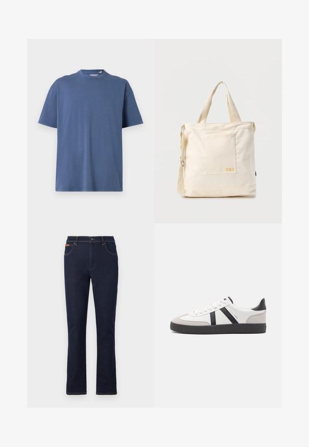 Blaues T-Shirt mit kurzen Ärmeln aus weicher Baumwolle, featuring einen Rundhalsausschnitt und einen lässigen Schnitt, mit minimalen Nähedetails.; Dunkelblaue Jeans mit geradem Bein, vorderem Knopf und Reißverschluss, Taschen vorne und hinten sowie braunen Nähten.; Weiße Sneaker mit schwarz- und grau-aczenten, ausgestattet mit einer strukturierten grauen Zehenkappe, schwarzer Gummi-Sohle und flachen weißen Schnürsenkeln. Sauberes Design, minimalistische Stil.; Beige Canvas-Shopper mit Fronttasche, zwei Griffen, verstellbarem Schulterriemen und kleinem gelbem "O.N.S"-Text unten rechts auf der Tasche.