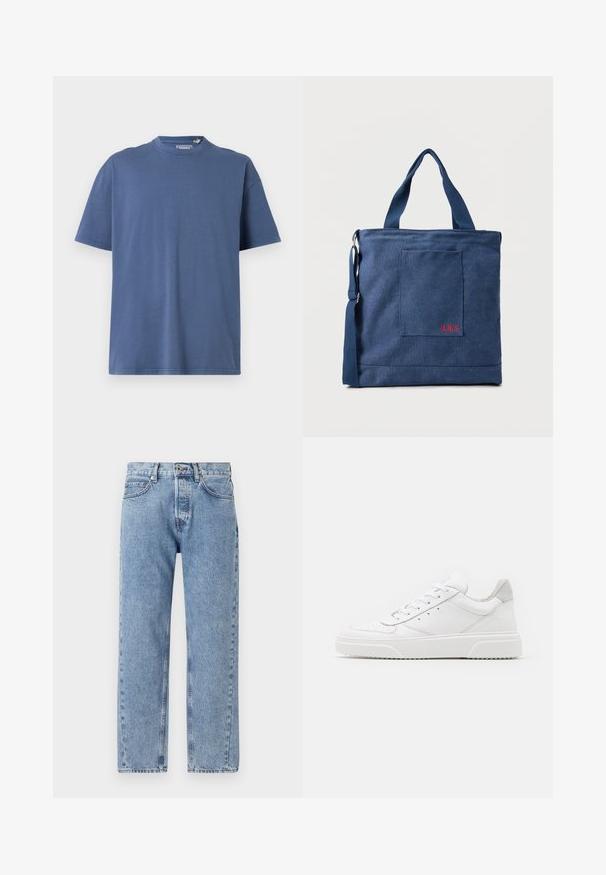 T-shirt bleu à manches courtes en coton doux, avec un col rond et une coupe décontractée, dotée de détails de couture minimaux.; Jeans en denim bleu clair avec une coupe ample, un design à jambe droite, cinq poches et des détails de couture visibles sur les coutures.; Des baskets en cuir blanc avec une finition lisse, un bout rond, des lacets plats et une semelle texturée. Accents en daim gris au niveau du talon.; Sac fourre-tout en toile bleue avec poche frontale et broderie rouge "O.N.S", doté de doubles poignées et d'une bandoulière réglable.