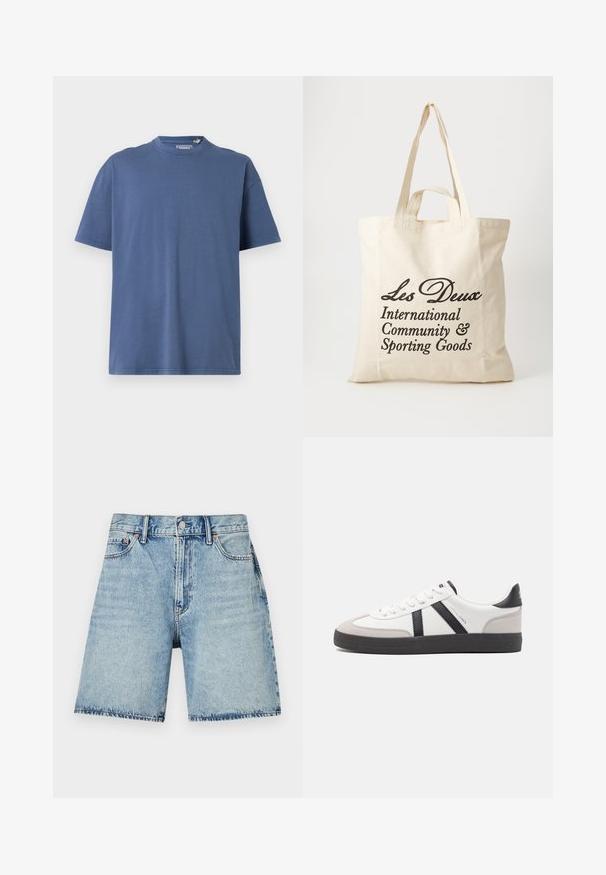 T-shirt bleu à manches courtes en coton doux, avec un col rond et une coupe décontractée, dotée de détails de couture minimaux.; Shorts en denim bleu clair à coupe droite, avec cinq poches et des coutures visibles. Fermeture à boutons à l'avant.; Baskets blanches avec des accents noirs et gris, présentant un embout texturé gris, une semelle en caoutchouc noir et des lacets plats blancs. Design épuré, style minimaliste.; Sac tote en coton beige avec deux poignées robustes. Présente un texte imprimé en noir : "Les Deux International Community & Sporting Goods."