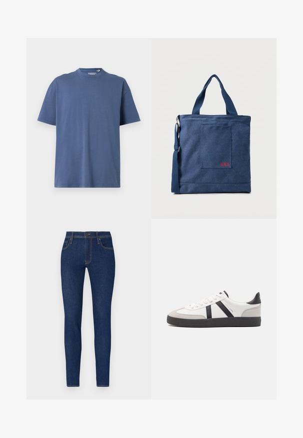 Blå kortærmet T-shirt lavet af blødt bomuld, med rund halsudskæring og en afslappet pasform, samt minimale syninger.; Tætsiddende jeans i mørkeblå denim med orange syninger. Har to forlommer og knaplukning. Glat tekstur med en tætsiddende design.; Hvide sneakers med sorte og grå detaljer, med en tekstureret grå tåhætte, sort gummisål og flade hvide snørebånd. Rent design, minimalistisk stil.; Blå lærredstote taske med frontlomme og rød "O.N.S" broderi, med to håndtag og en justerbar skulderrem.