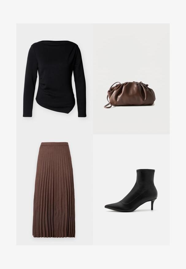 Haut noir à manches longues avec encolure bateau et ourlet asymétrique, présenté sur un fond clair uni.; Jupe midi plissée marron en tissu texturé, dotée d'une taille ajustée et de plis verticaux s'étendant de la taille à l'ourlet.; Bottines noires en cuir lisse avec un bout pointu et un petit talon fin. Présente un design sans couture et des accents de couture subtils.; Sacoche en cuir marron doux avec un haut froncé et une fine bandoulière, posée sur un fond blanc.