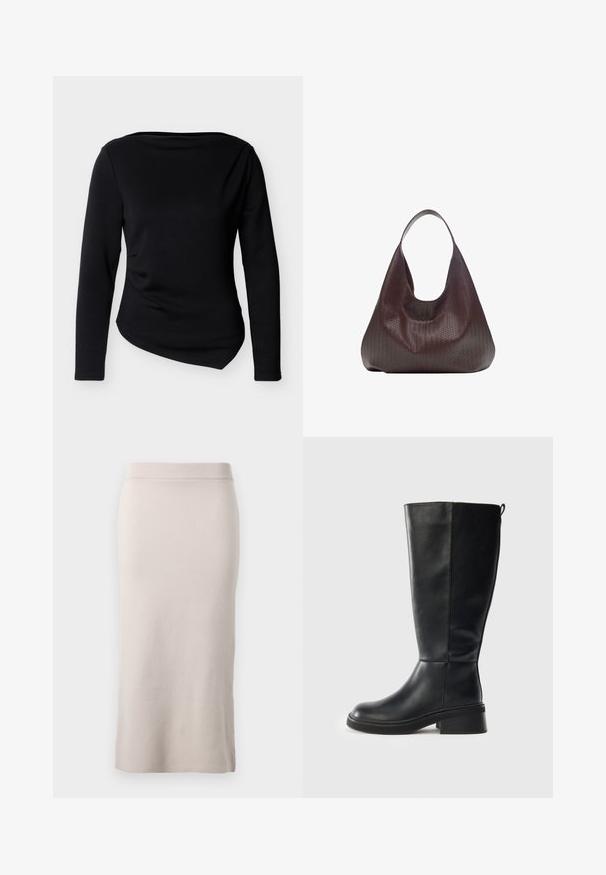 Haut noir à manches longues avec encolure bateau et ourlet asymétrique, présenté sur un fond clair uni.; Jupe crayon en tricot de couleur beige clair, avec une taille côtelée, coupe ajustée et fente latérale pour faciliter le mouvement. Texture douce, design minimal.; Botte en cuir noir, haute jusqu'au genou, avec un bout arrondi, un talon large, des coutures minimales et une languette à l'arrière. Texture lisse, design épuré.; Sac hobo en cuir tressé marron avec une poignée d'épaule unique et une forme décontractée et incurvée sur fond blanc.