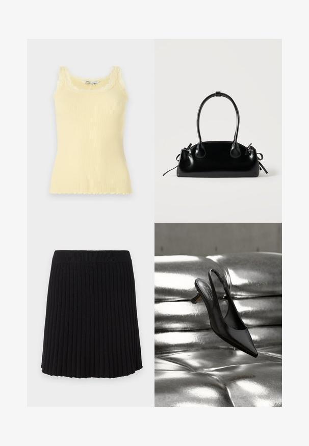 Top sin mangas amarillo de canalé con un cuello y un dobladillo de encaje en forma de ola. Textura suave, diseño ajustado y material ligero.; Falda de punto negra con canalé y una cinturilla ancha, que presenta pliegues verticales y un dobladillo acampanado. Textura uniforme en toda la prenda.; Zapato slingback negro de punta puntiaguda con acabado de cuero brillante, que presenta un tacón bajo en bloque y una delgada correa en el tobillo, suspendido sobre una superficie metálica.; Pequeño bolso negro brillante con dos asas largas y detalles de cordón lateral sobre un fondo claro liso.