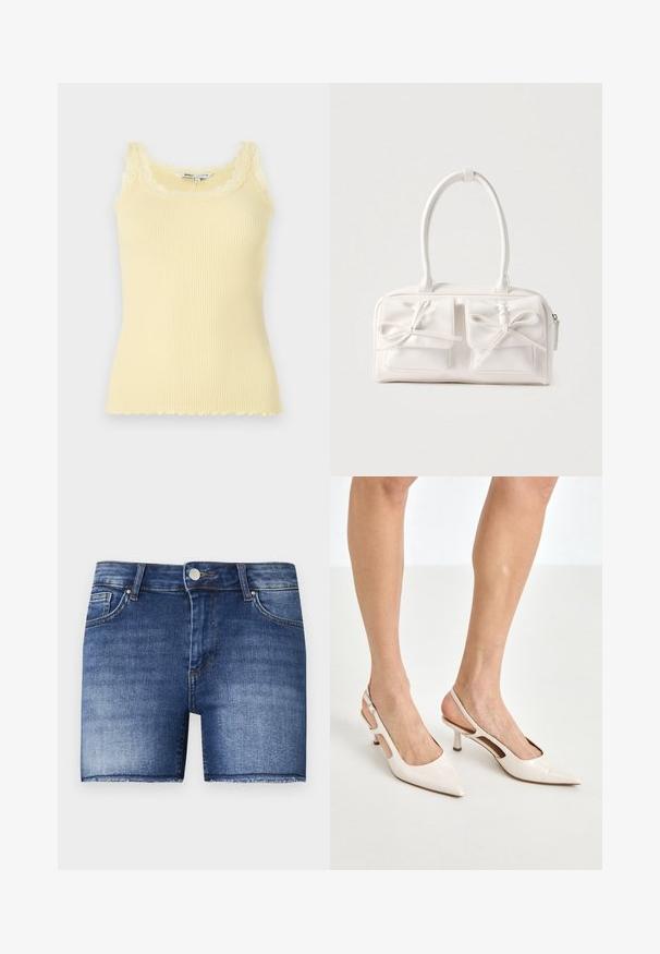 Ribbet, ærmeløs gul top med bølget blondeudskæring og -kant. Blød struktur, tætsiddende design og let materiale.; Denimshorts i en mellemblå vask med lige snit. Har slidte områder, en frontlomme og en rå kant forneden.; Beige patenterede læder slingback hæle med spids tå og 5 cm hæl, med udskårne sider og en tynd ankelrem.; Hvid syntetisk håndtaske med to forlommer, hver med en bundet sløjfedetalje. Glat tekstur, afrundede håndtag og lynlås lukning.